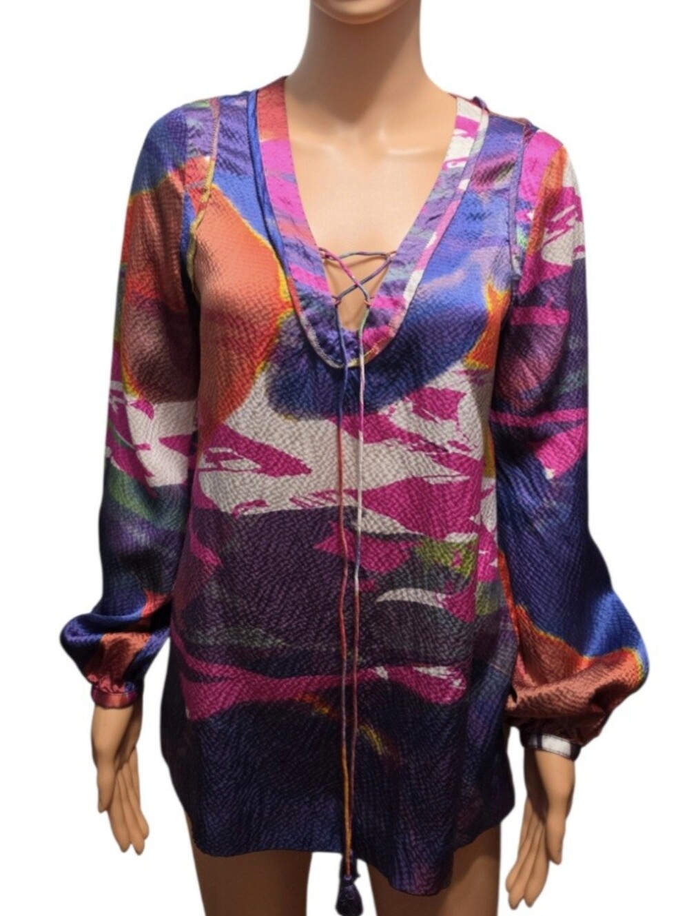 Tory Burch Silk Vibrant Watercolor Splash Boho-Chic Dopamine Tunic Blouse Size 6